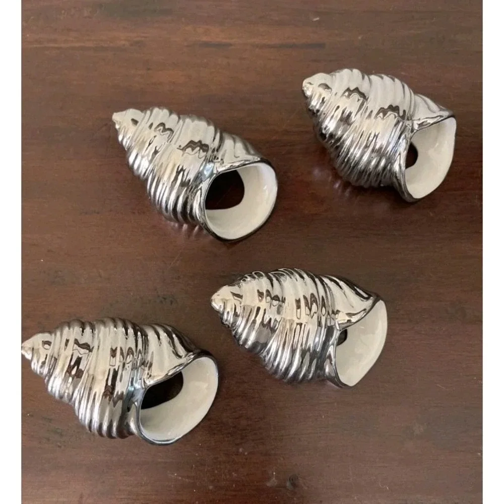 Williams Sonoma Ceramic Silver Seashell Beachy Napkin Rings 4/ UNOPENED BOX